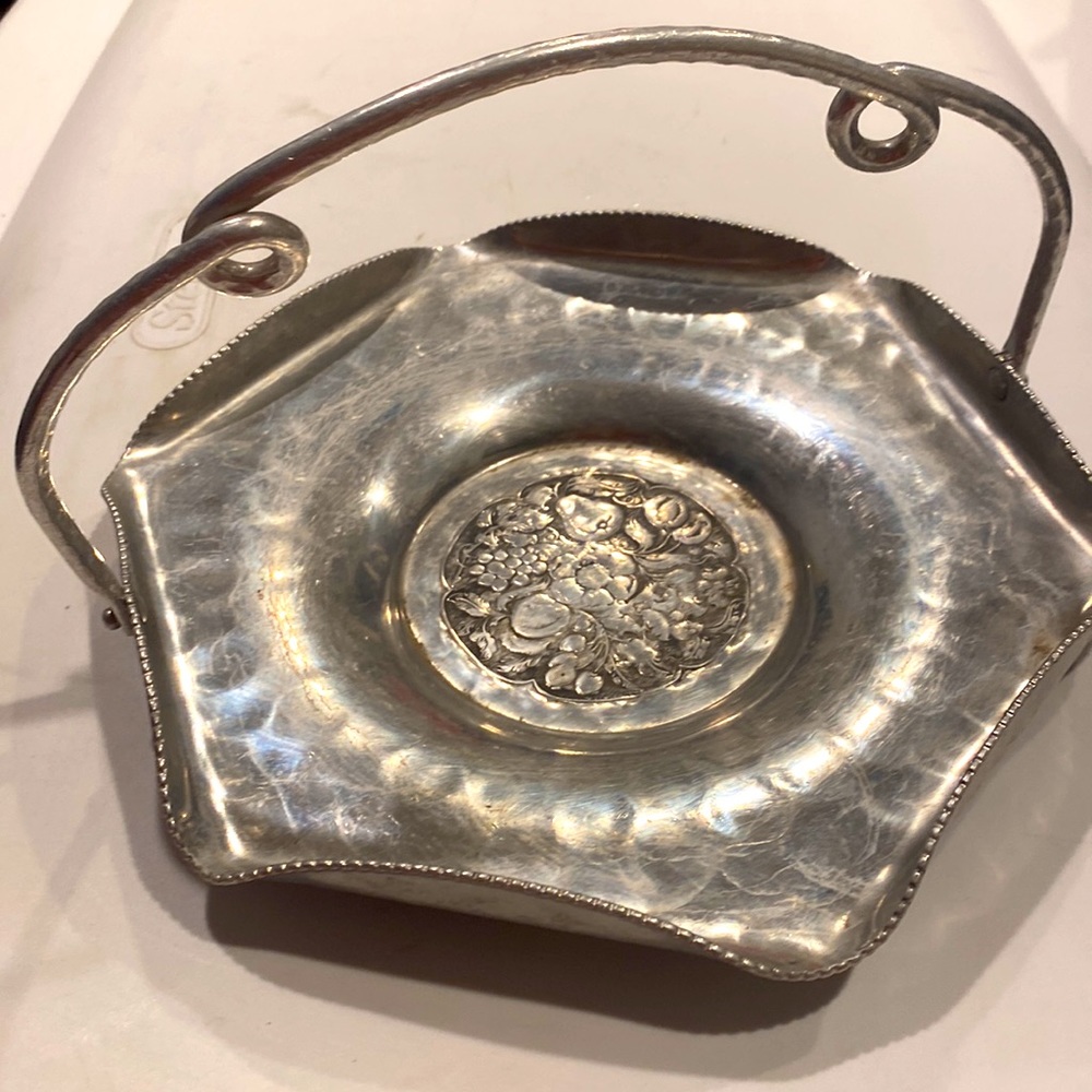 Cromwell Hand Wrought Aluminum hexagon tray with handle fruit design mid century